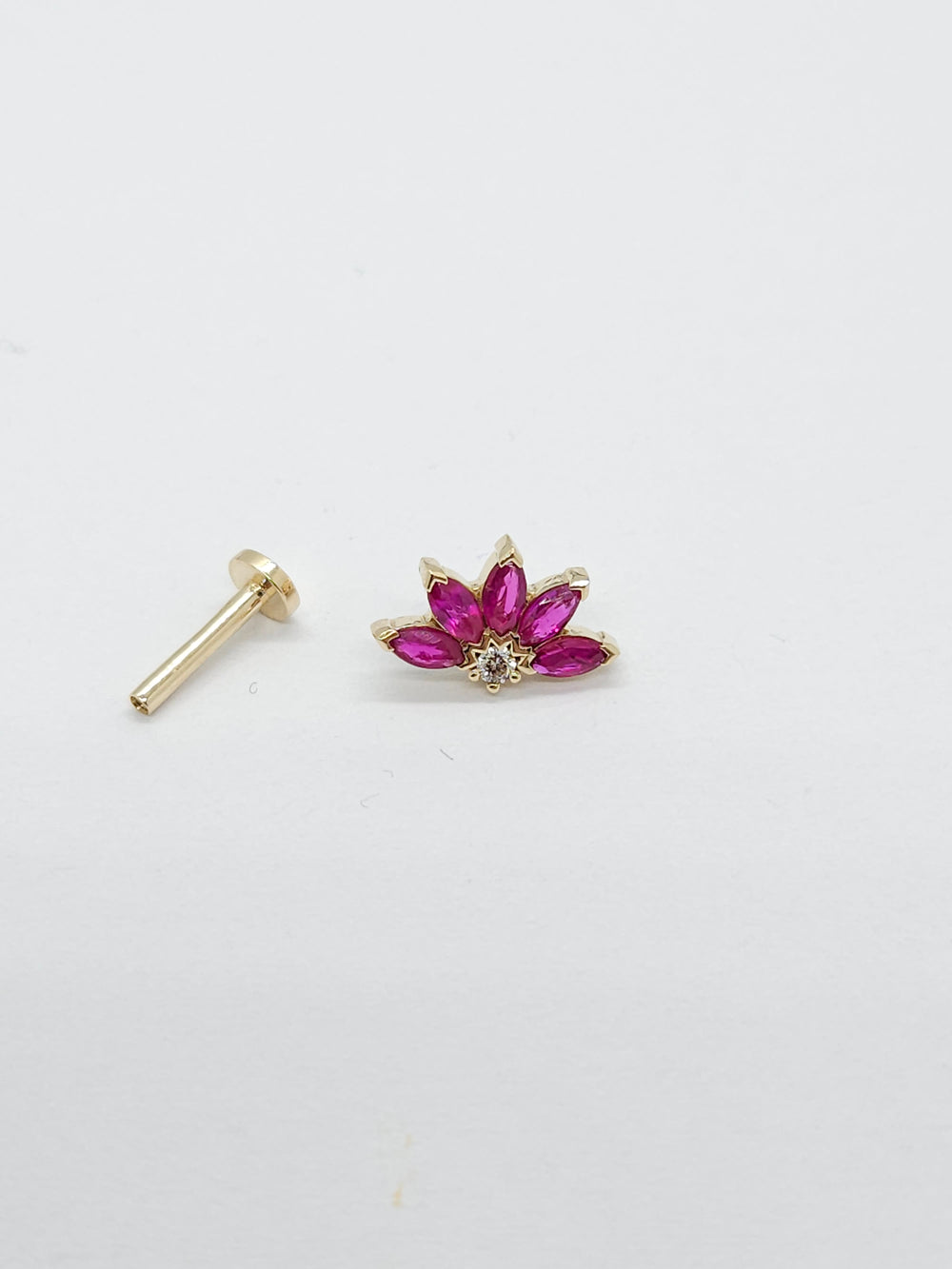 Diamond Rubies Engraved Lotus Threaded Stud Earring