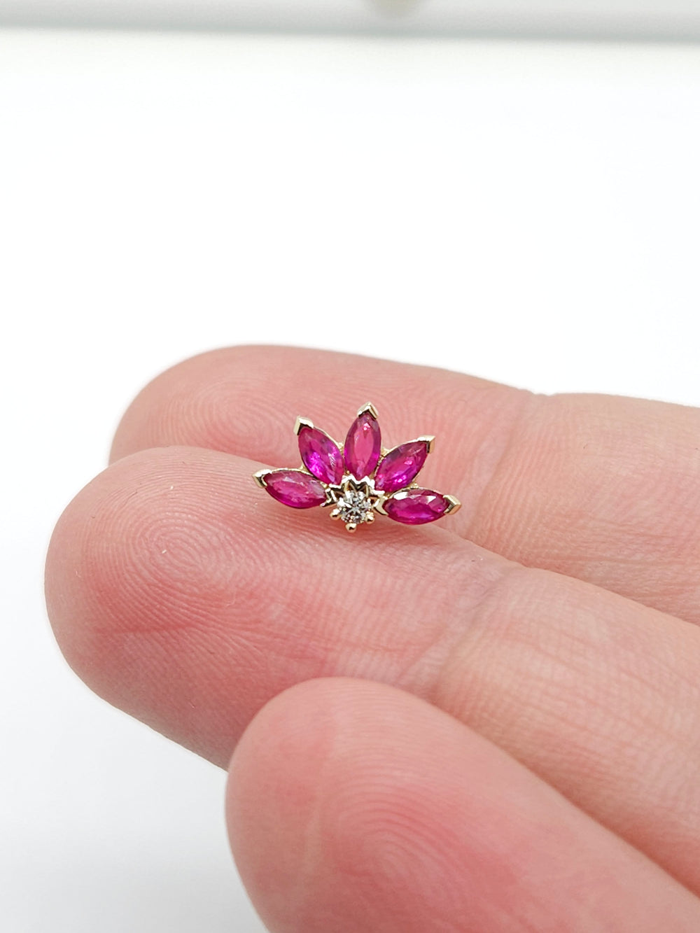 Diamond Rubies Engraved Lotus Threaded Stud Earring