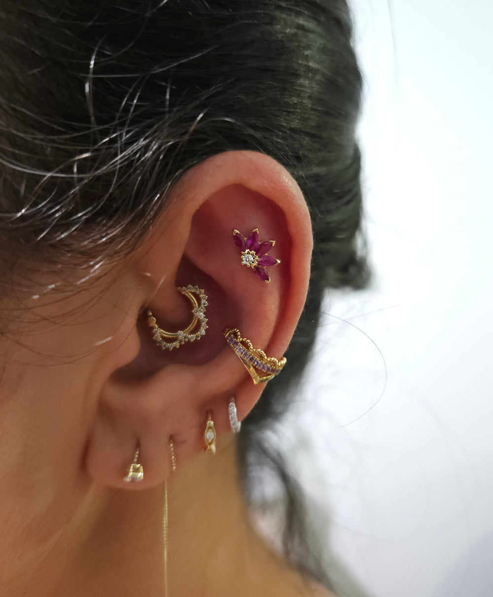 Diamond Rubies Engraved Lotus Threaded Stud Earring