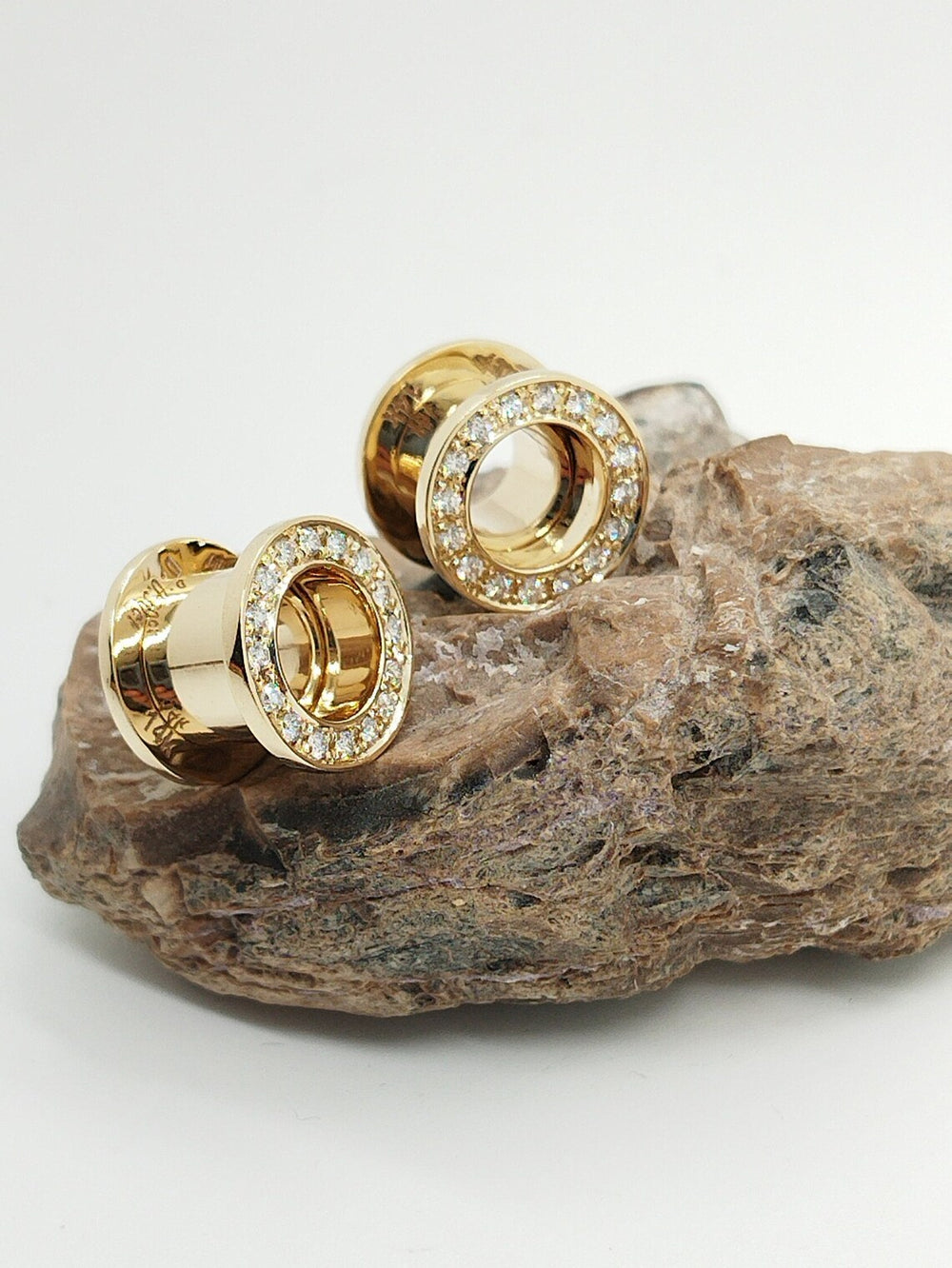 Ear Tunnels Solid Gold Double Flared White Diamonds
