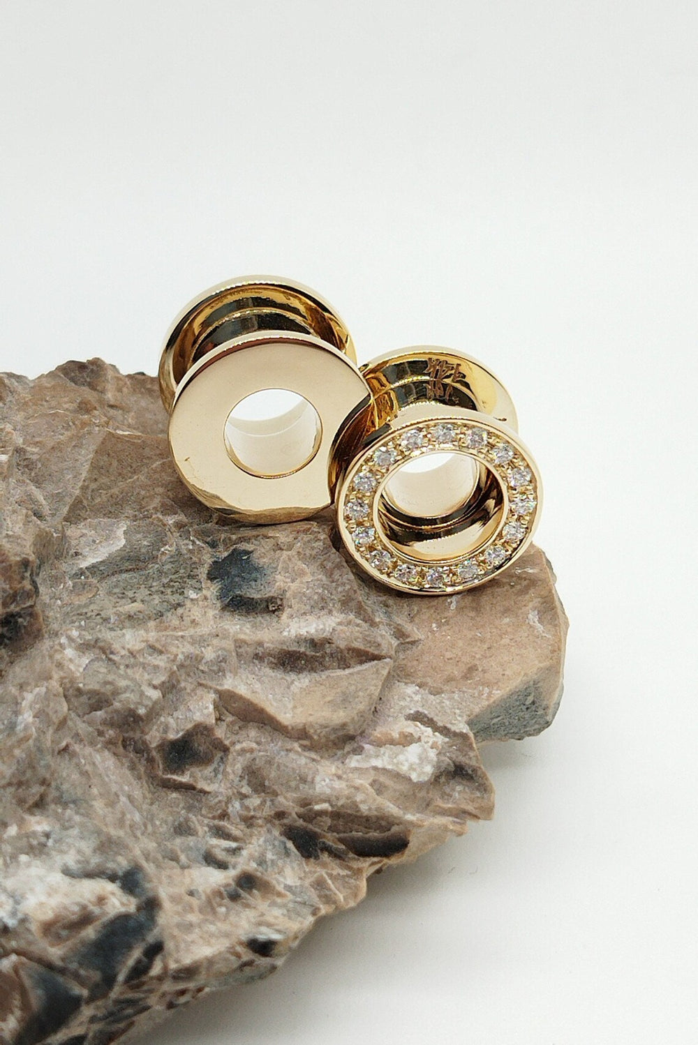 Ear Tunnels Solid Gold Double Flared White Diamonds