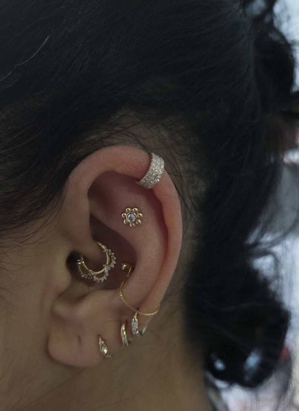 Triple Line Cartilage Ear Piercing White Diamonds Solid Gold Conch Earring Helix Jewelry