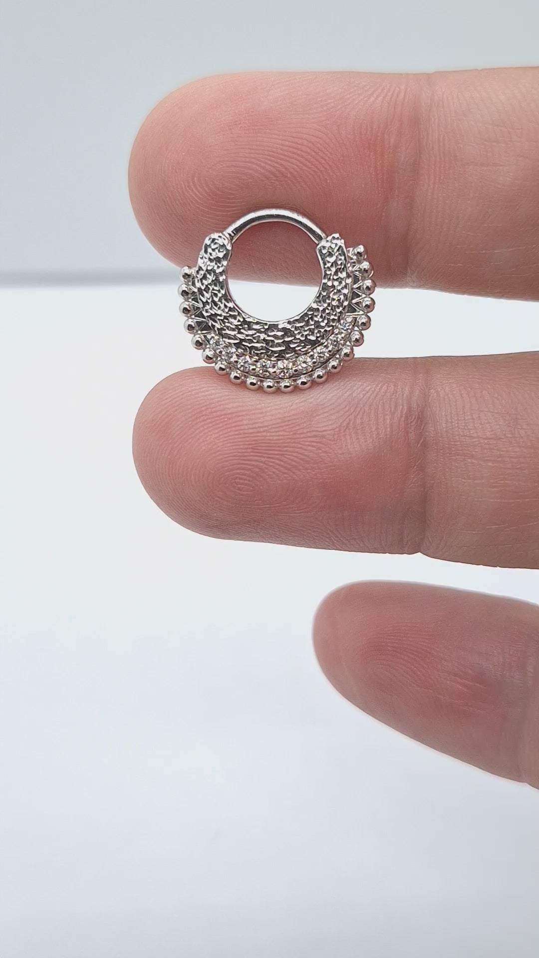 14k Hammered Textured Septum Clicker White Diamonds