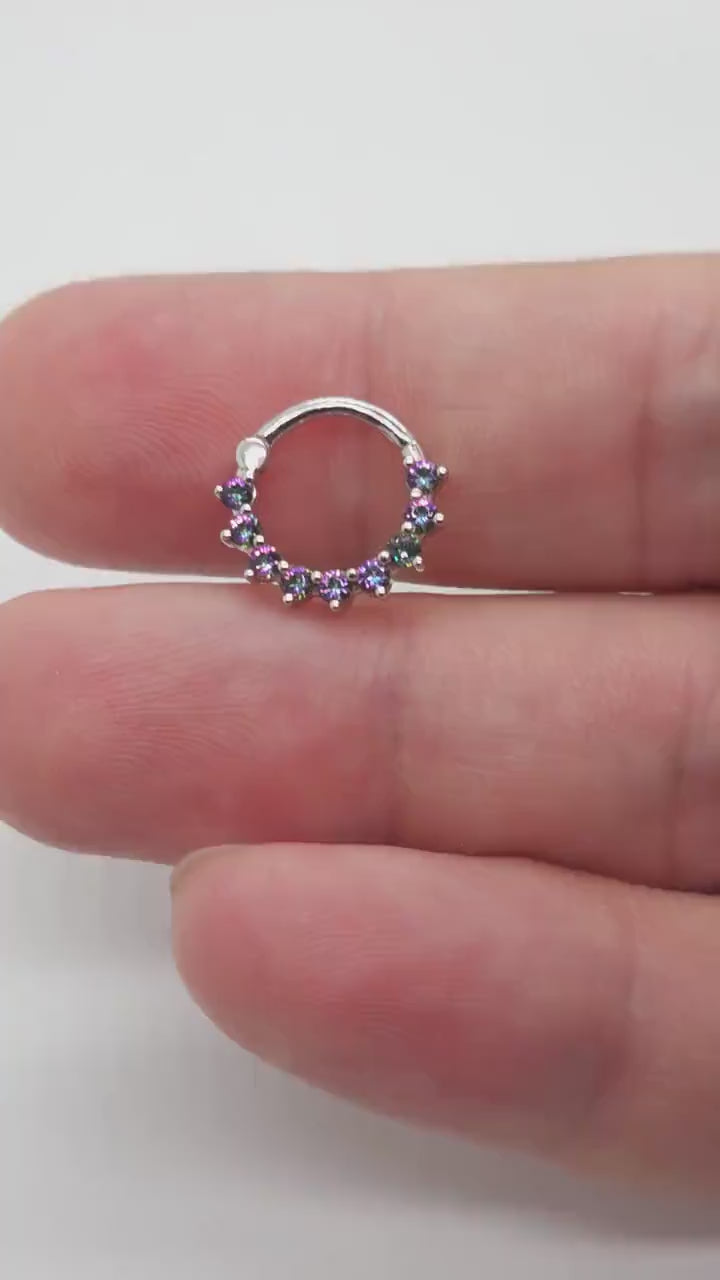 Mystic Green Topaz Septum Clicker Daith Piercing Jewelry 14k White Gold Helix Earring