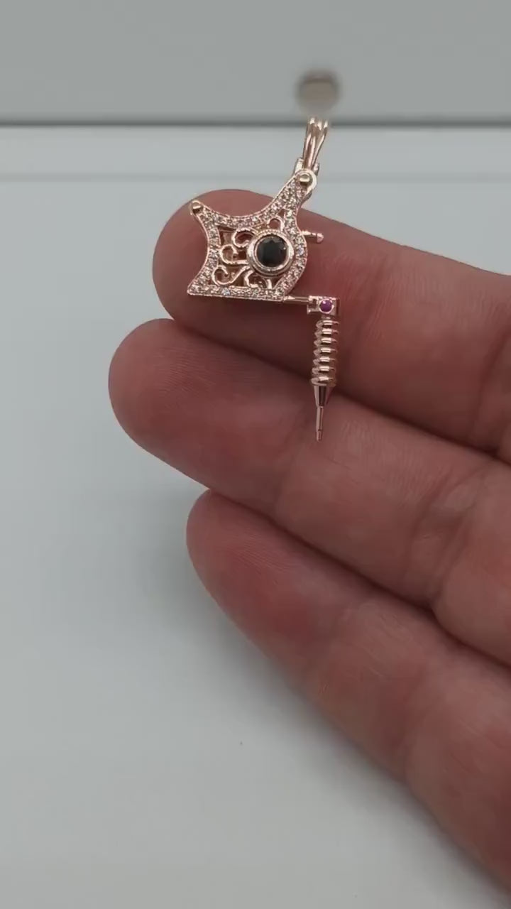 Tattoo Gun Pendant Charm 14k Solid Gold Piercing Jewelry Tattoo Machine Pendant Black Diamonds Custom Tattoo Necklace