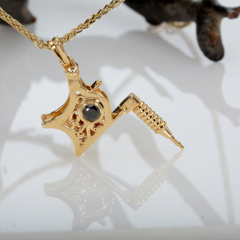 Tattoo Mashine Pendant Charm 14k Solid Gold Piercing Jewelry Diamonds