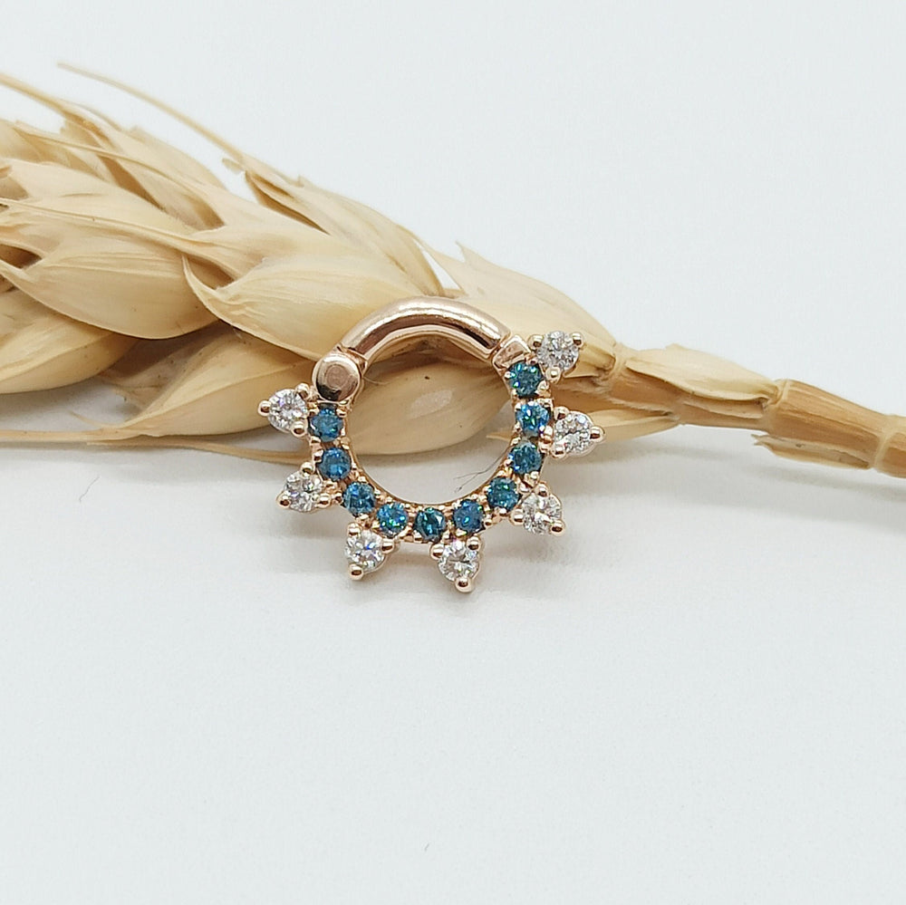 Daith Septum Clicker Blue White Diamonds 14k