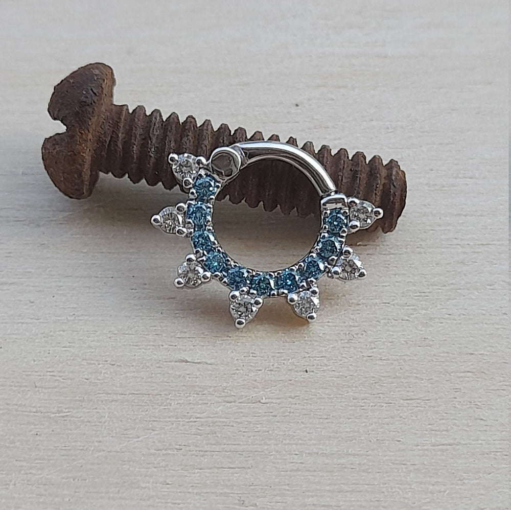Daith Septum Clicker Blue White Diamonds 14k