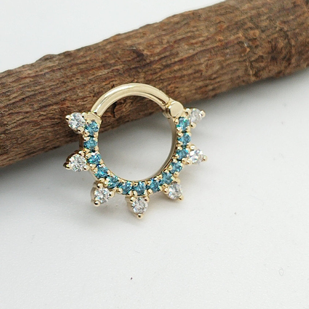 Daith Septum Clicker Blue White Diamonds 14k