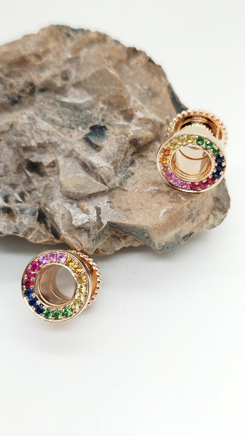 Earlets Tunnels Rainbow Stones Solid Gold 14k