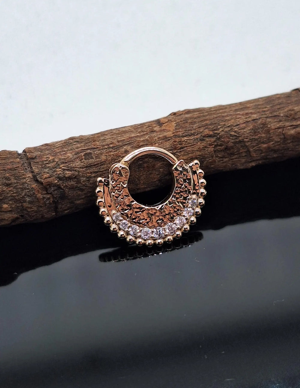14k Hammered Textured Septum Clicker White Diamonds