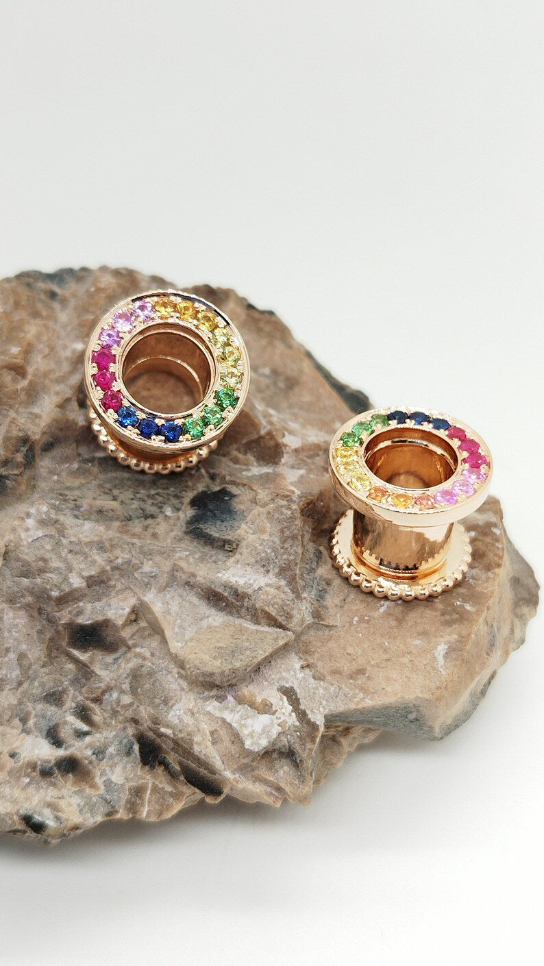 Earlets Tunnels Rainbow Stones Solid Gold 14k