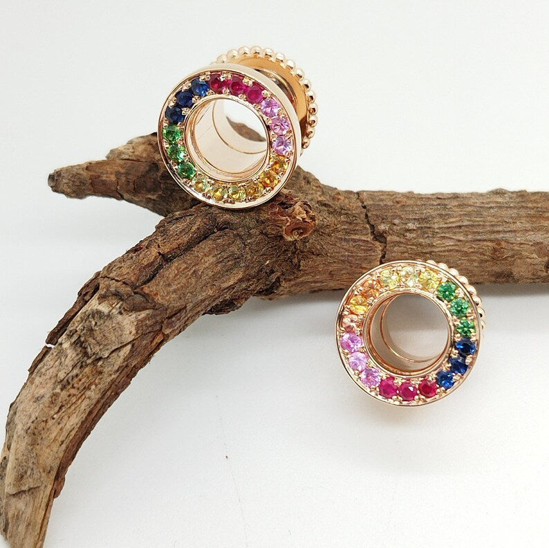 Earlets Tunnels Rainbow Stones Solid Gold 14k