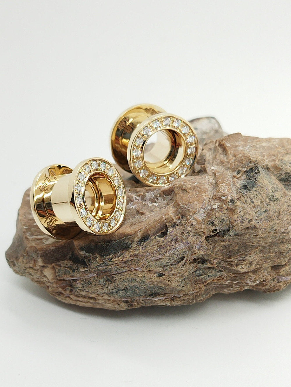 14k Ear Tunnels Solid Gold Double Flared Diamonds Plugs Earrings Ear Gauges