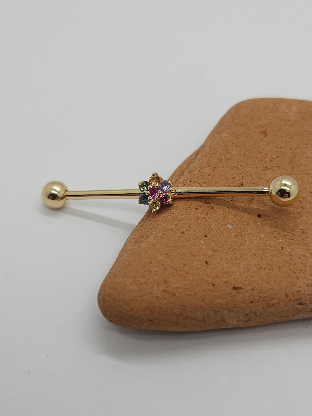 Industrial Piercing Jewelry 14k Yellow Gold Flower Rainbow Barbell Scaffold Earring