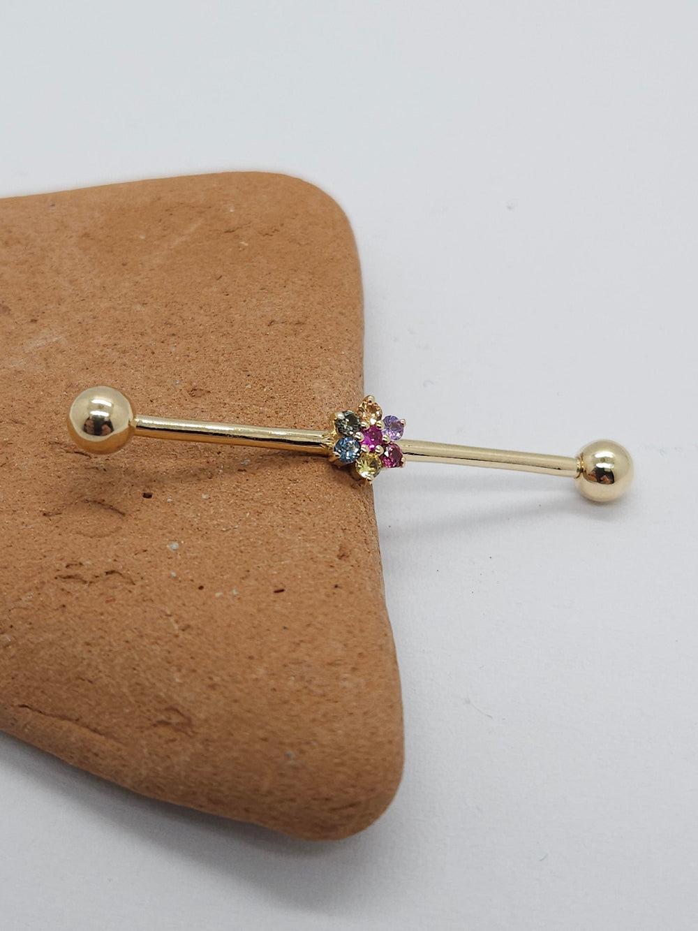 Industrial Piercing Jewelry 14k Yellow Gold Flower Rainbow Barbell Scaffold Earring