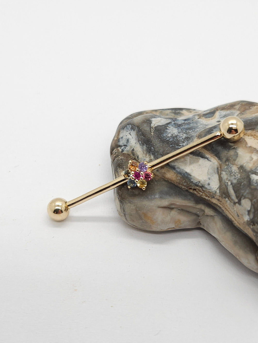 Industrial Piercing Jewelry 14k Yellow Gold Flower Rainbow Barbell Scaffold Earring