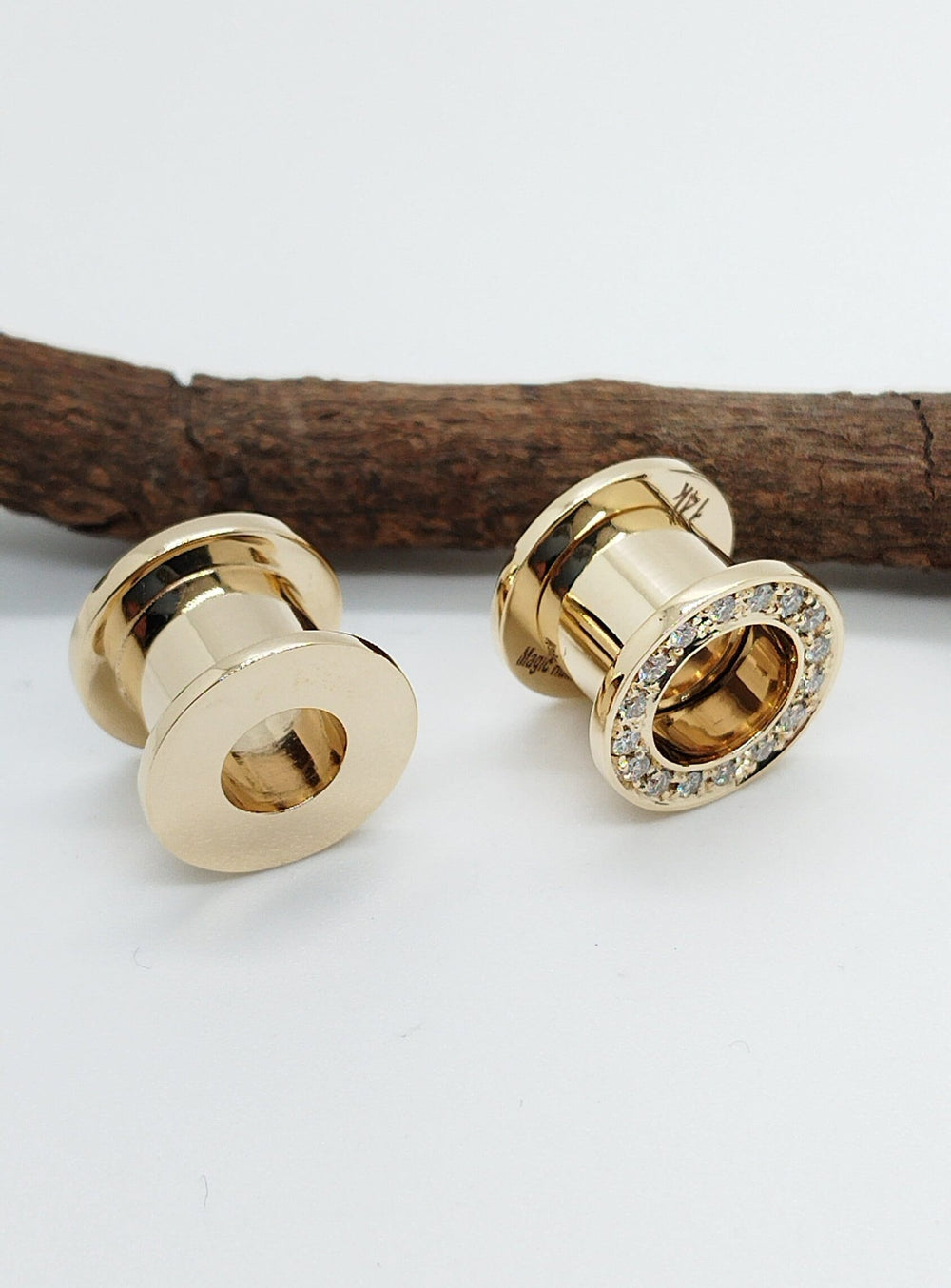 14k Ear Tunnels Solid Gold Double Flared Diamonds Plugs Earrings Ear Gauges