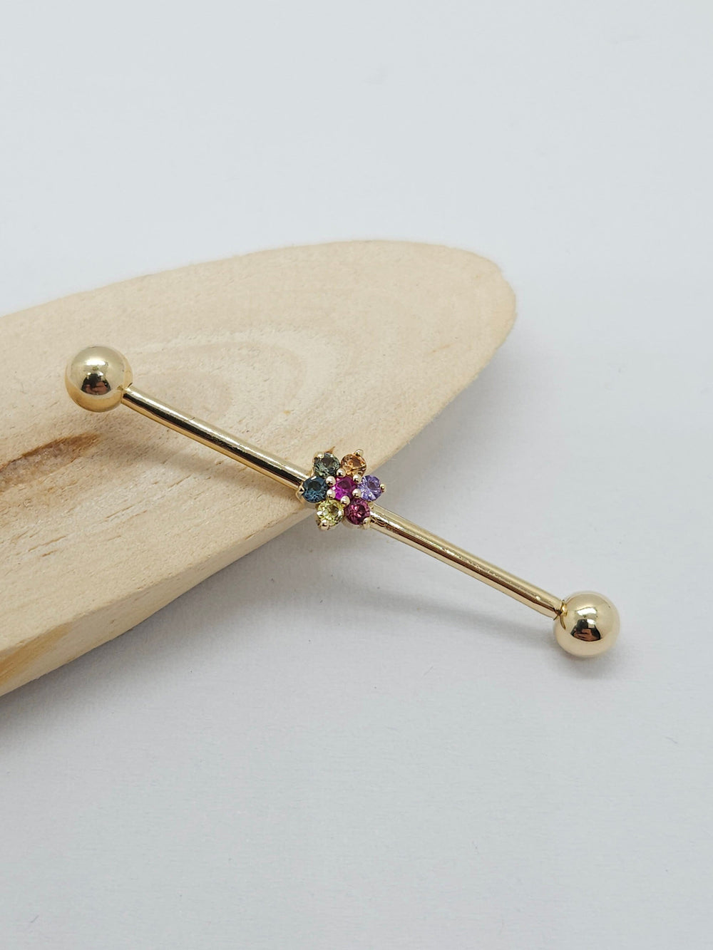 Industrial Piercing Jewelry 14k Yellow Gold Flower Rainbow Barbell Scaffold Earring