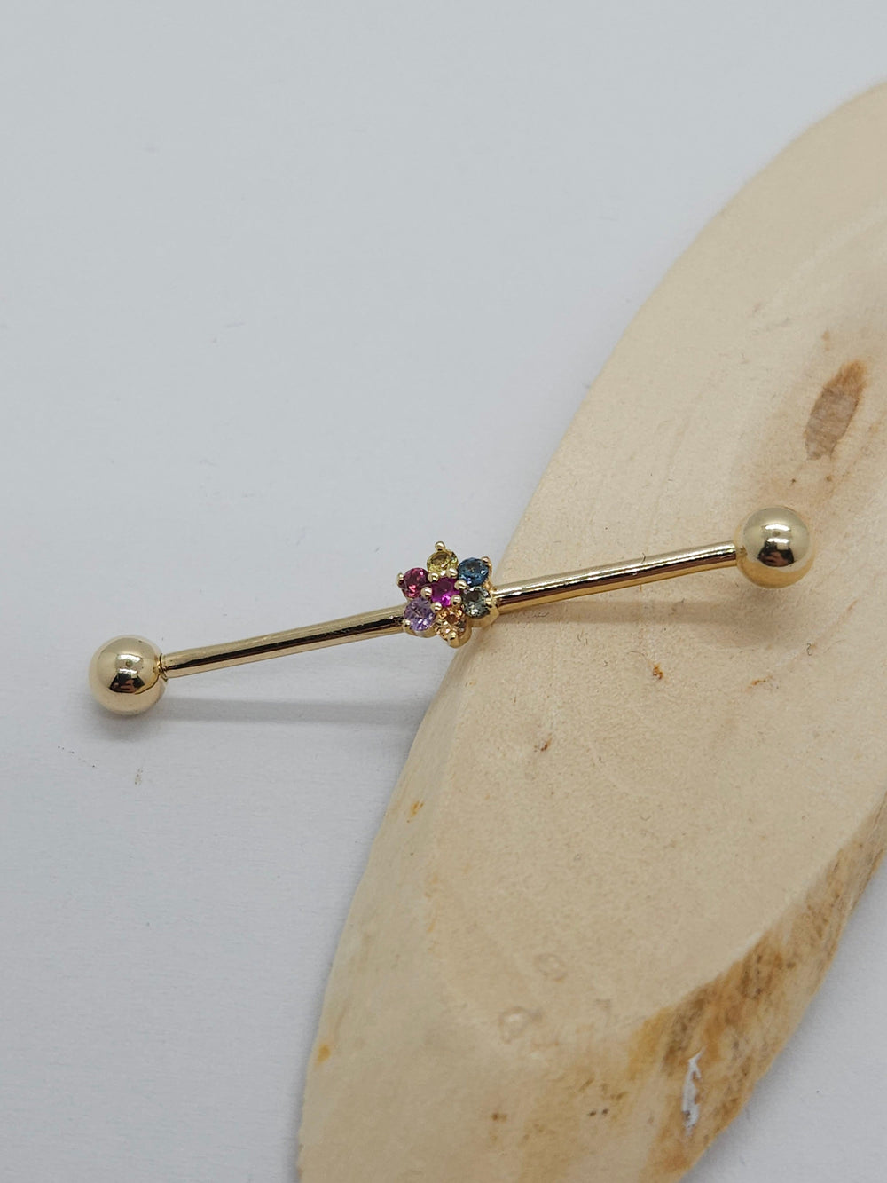 Industrial Piercing Jewelry 14k Yellow Gold Flower Rainbow Barbell Scaffold Earring