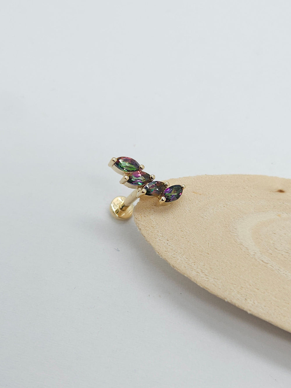 Leaf Climber Flat Back Labret Mystic Green Topaz 14k Solid Gold
