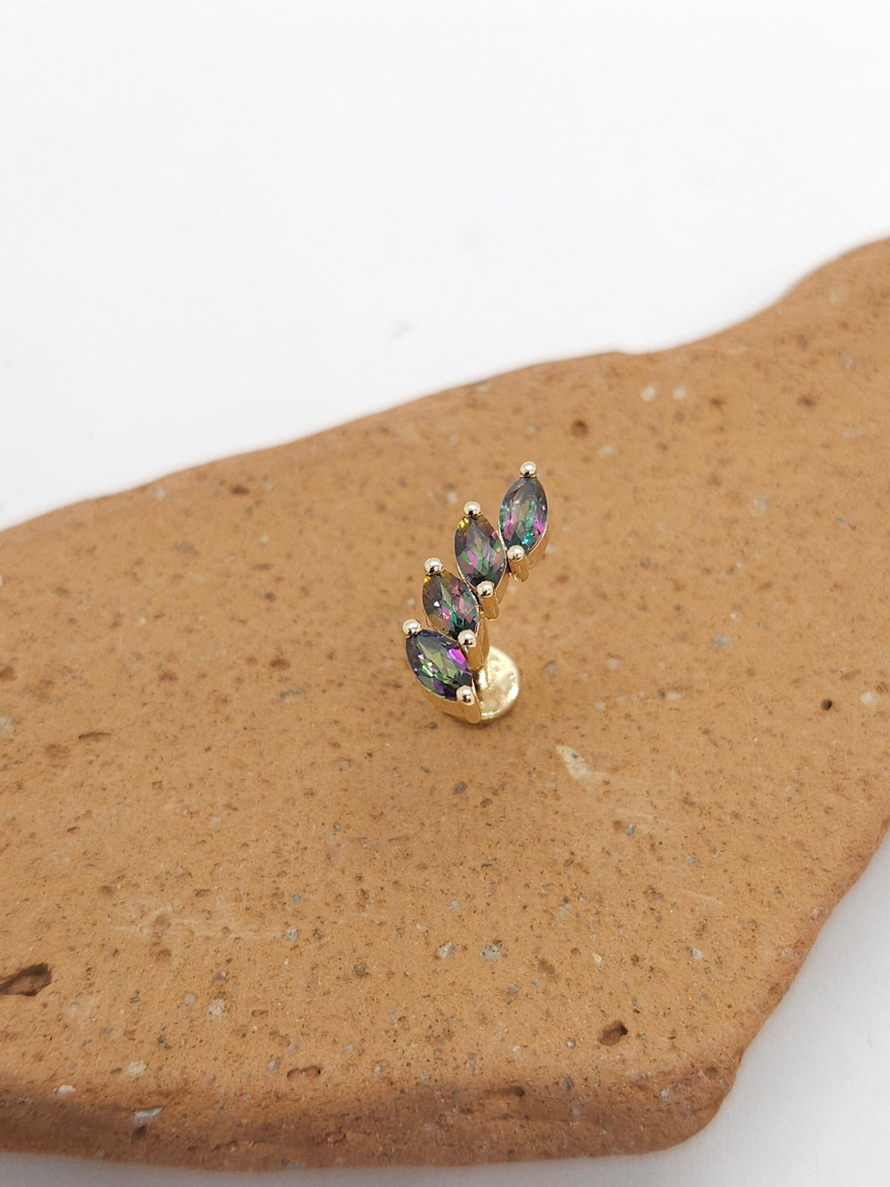 Leaf Climber Flat Back Labret Mystic Green Topaz 14k Solid Gold