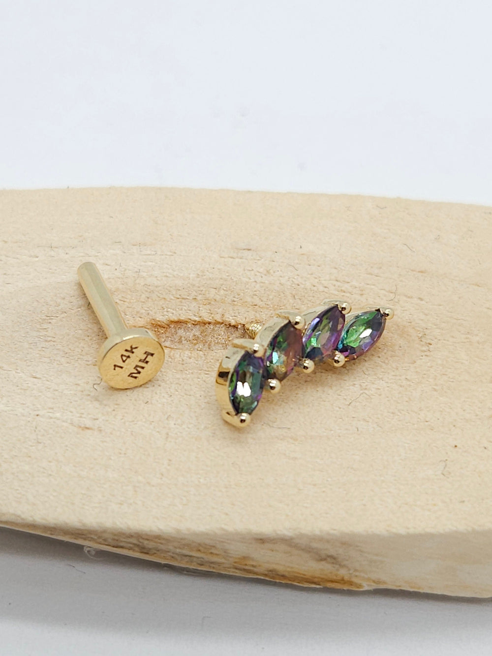 Leaf Climber Flat Back Labret Mystic Green Topaz 14k Solid Gold