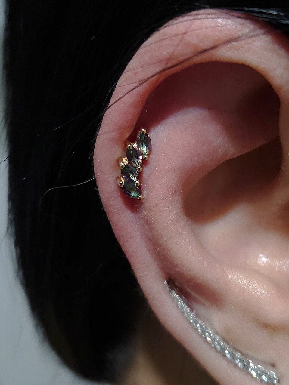 Leaf Climber Flat Back Labret Mystic Green Topaz 14k Solid Gold