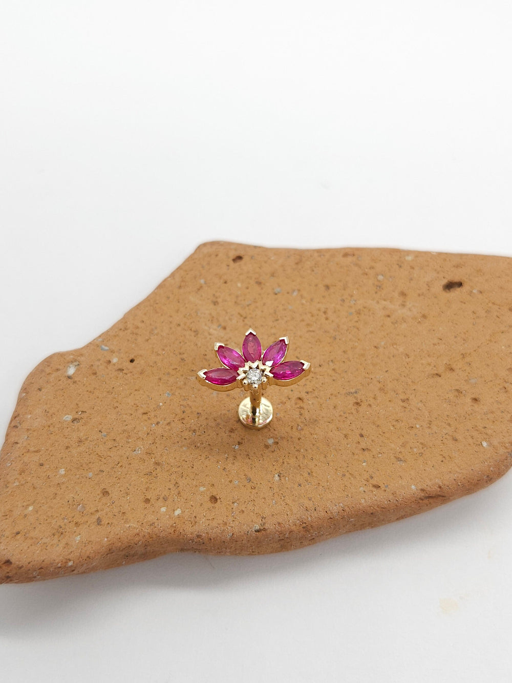 Diamond Rubies Engraved Lotus Threaded Stud Earring