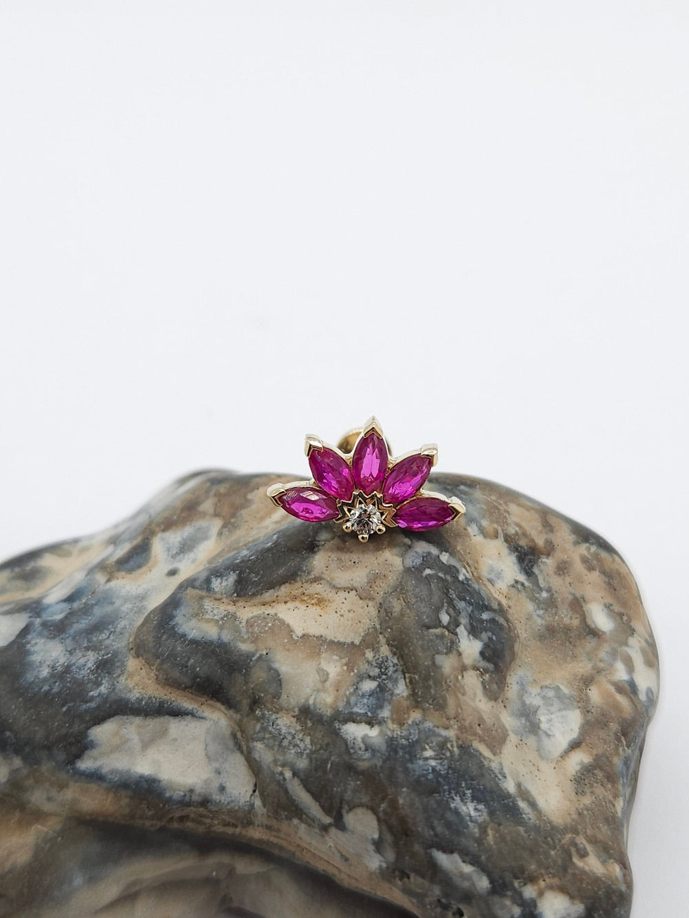 Diamond Rubies Engraved Lotus Threaded Stud Earring
