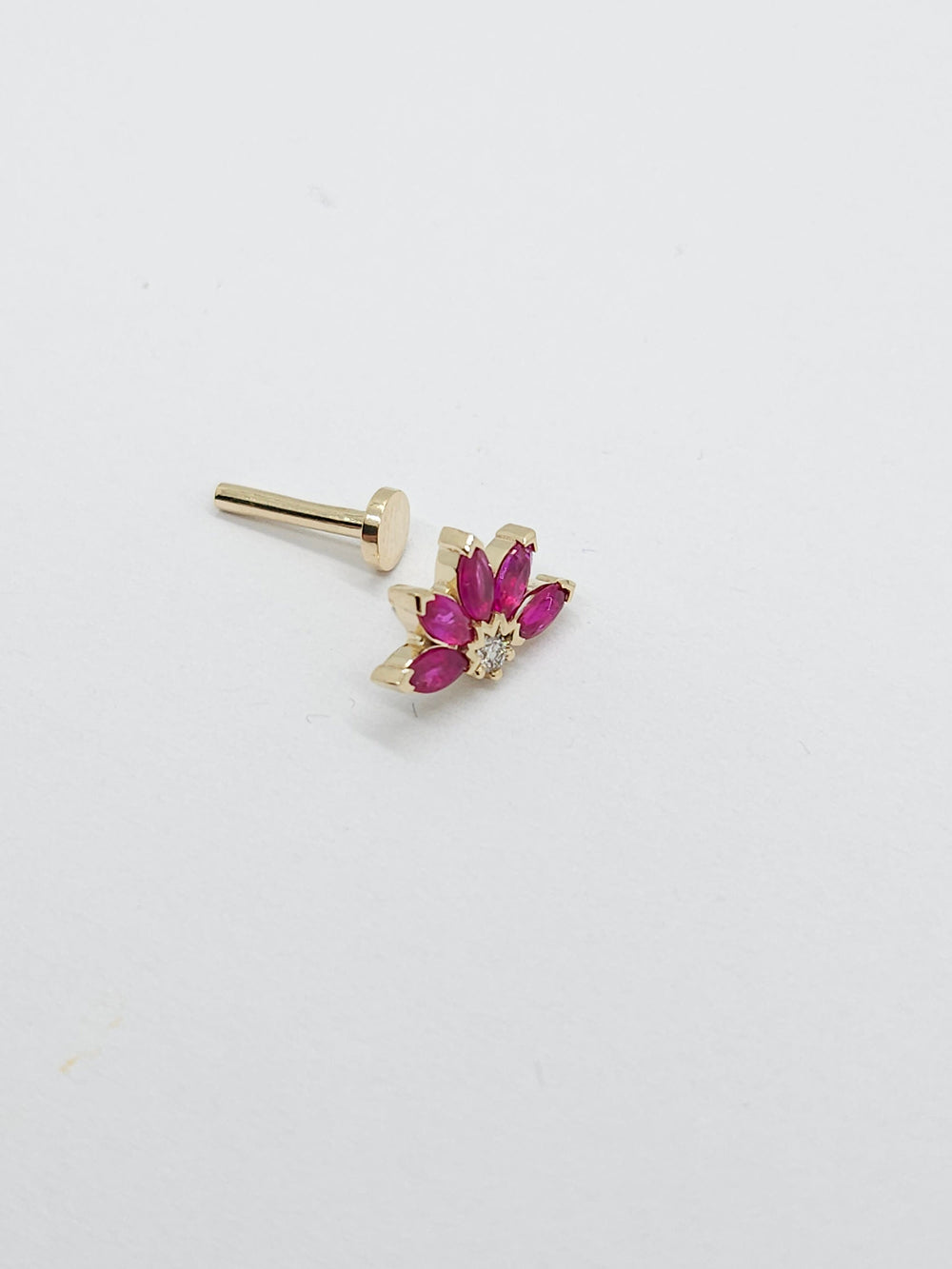 Diamond Rubies Engraved Lotus Threaded Stud Earring