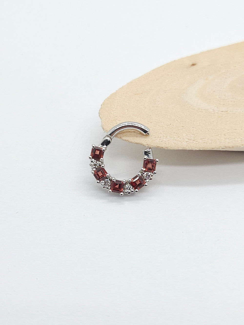 Princess Garnet White Diamonds Septum Clicker 14k White Gold