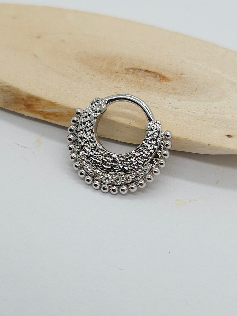 14k Hammered Textured Septum Clicker White Diamonds