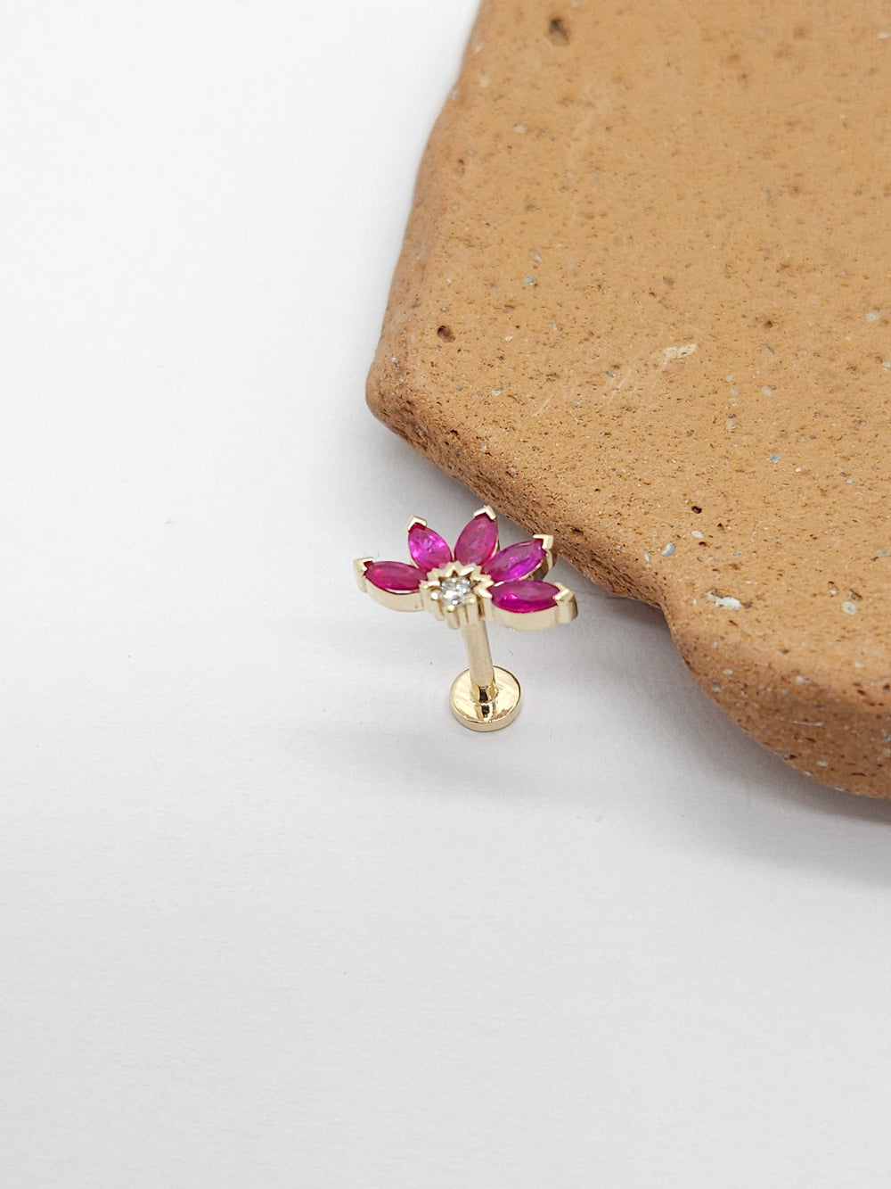 Diamond Rubies Engraved Lotus Threaded Stud Earring