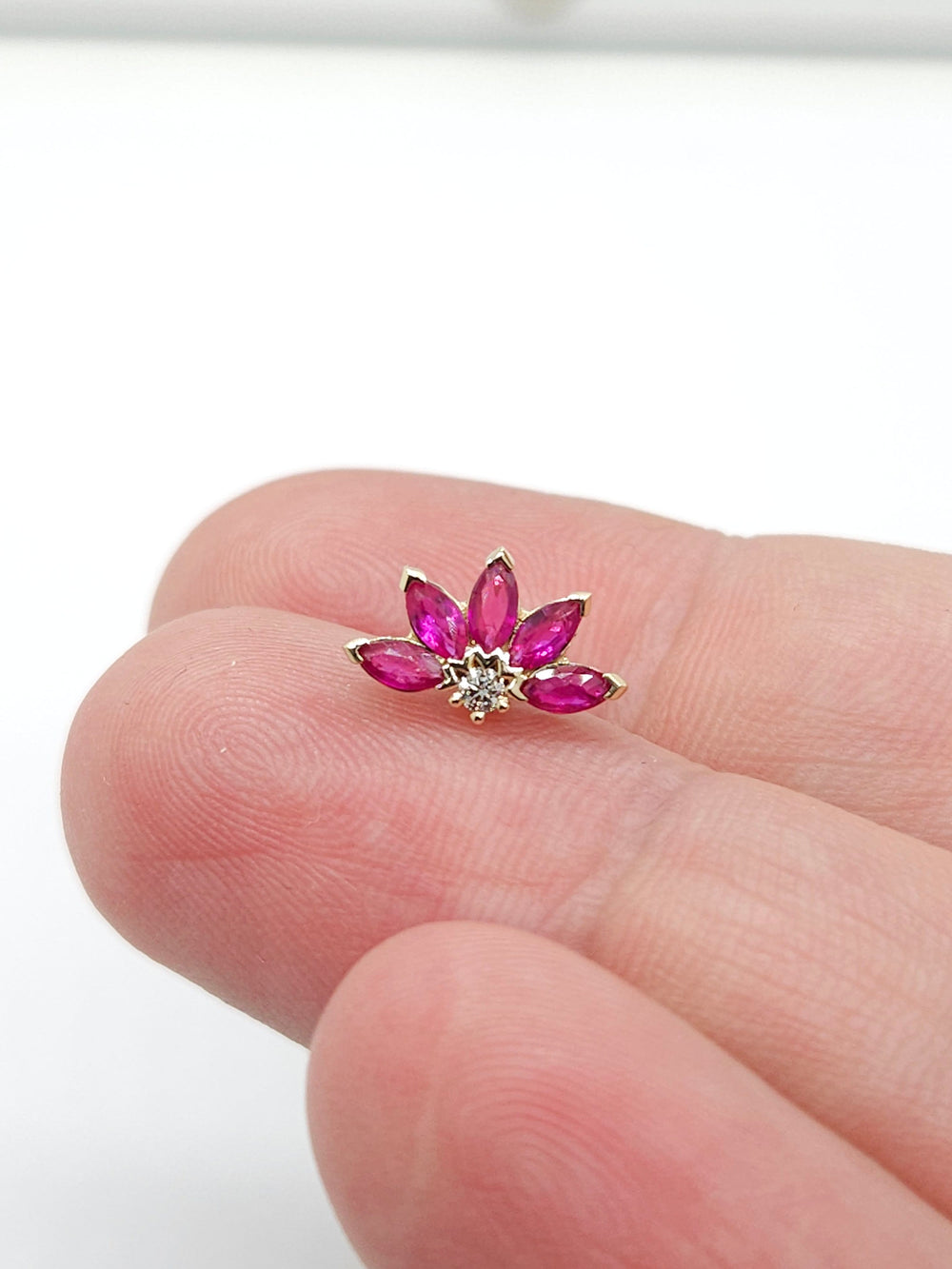 Diamond Rubies Engraved Lotus Threaded Stud Earring