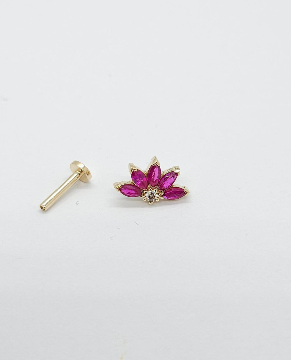 Diamond Rubies Engraved Lotus Threaded Stud Earring