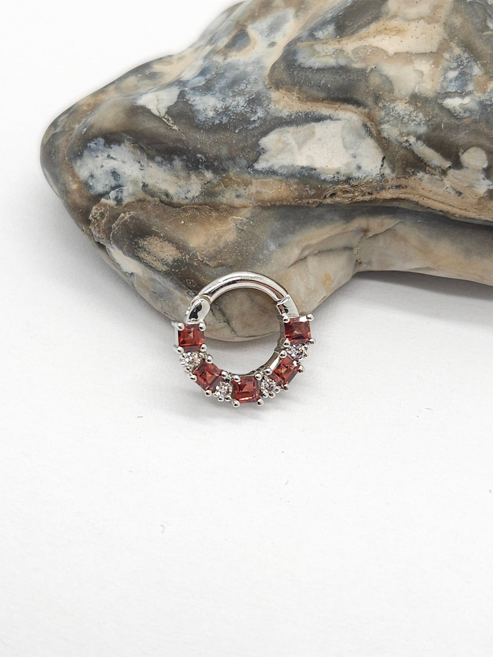 Princess Garnet White Diamonds Septum Clicker 14k White Gold