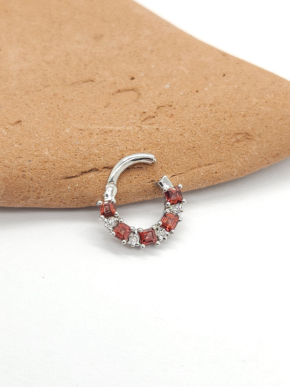 Princess Garnet White Diamonds Septum Clicker 14k White Gold