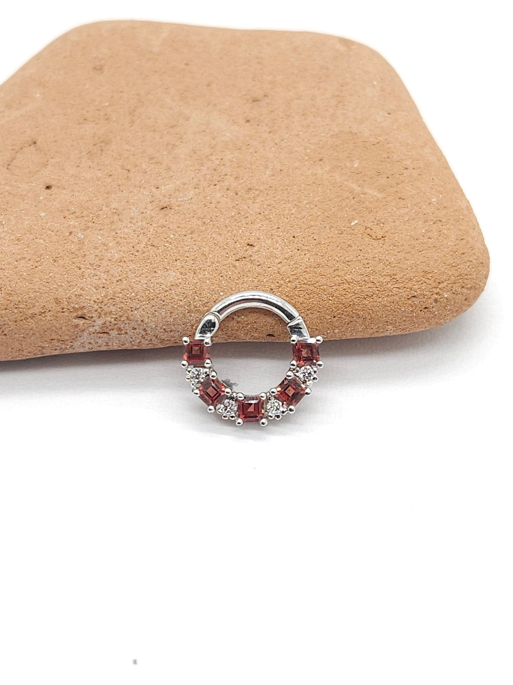 Princess Garnet White Diamonds Septum Clicker 14k White Gold