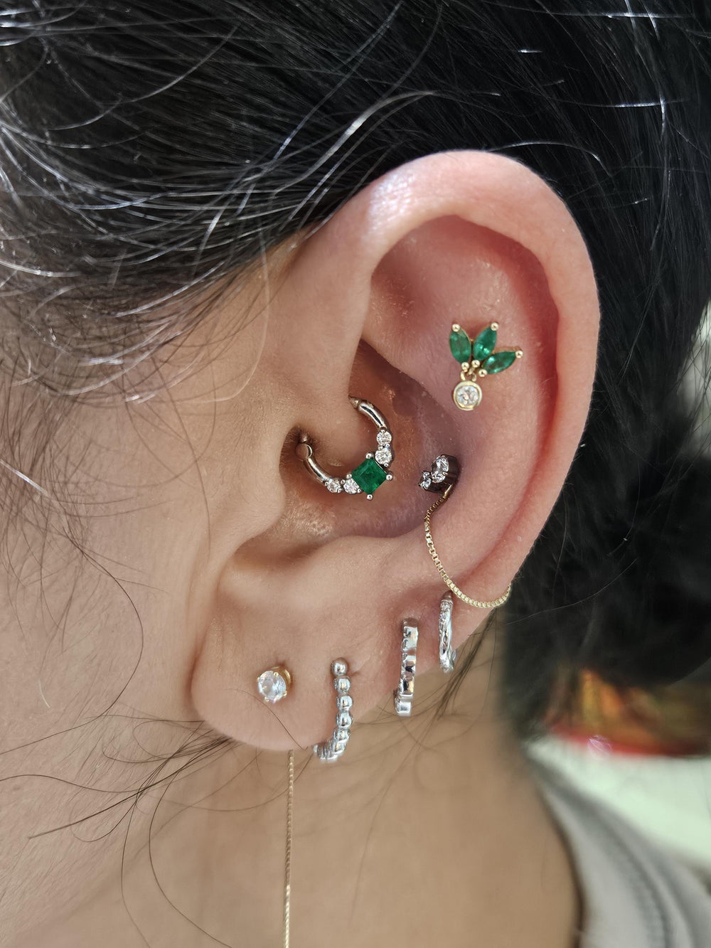 Lotus Emerald Marquise Diamond Labret Earring 14k Solid Gold