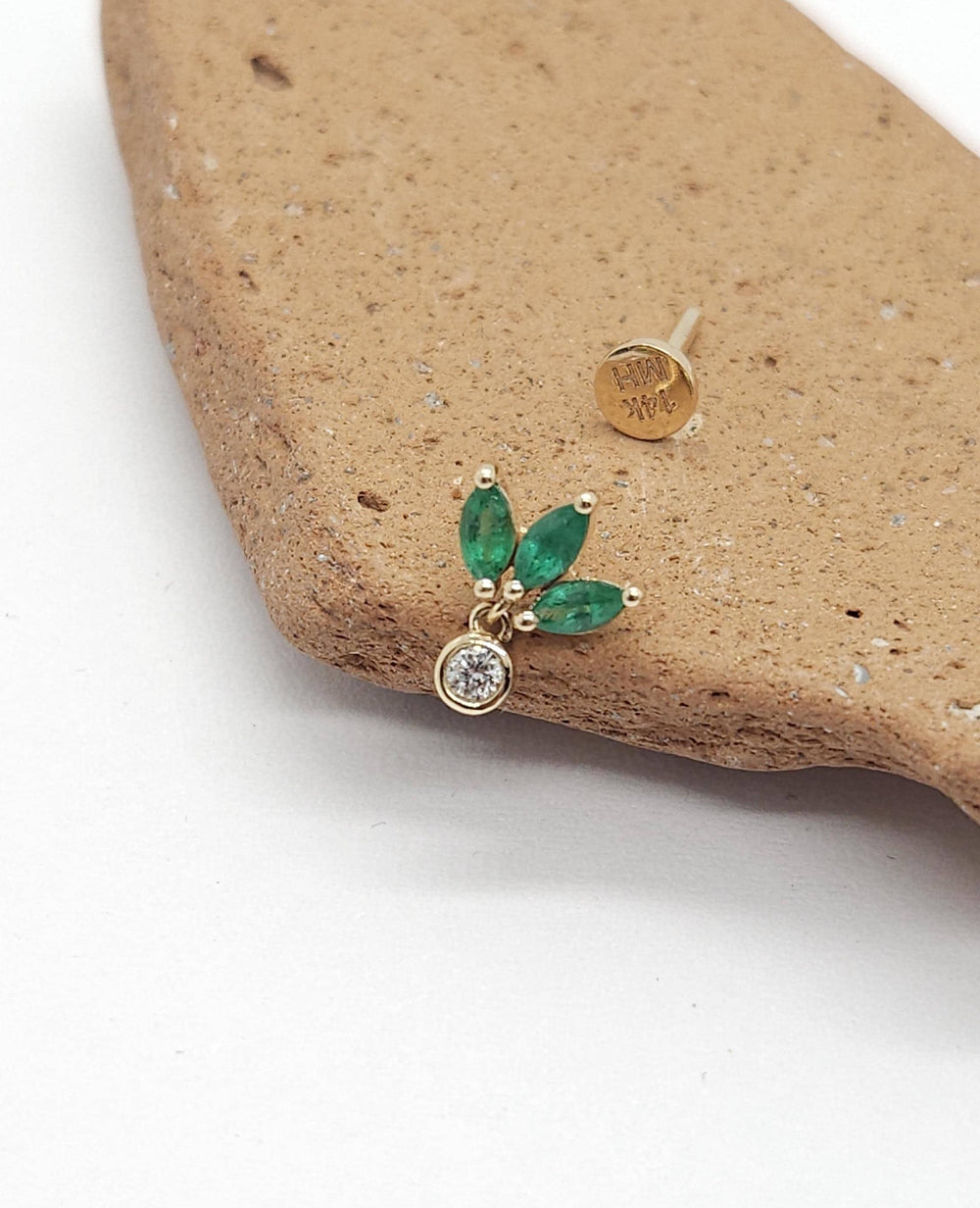 Lotus Emerald Marquise Diamond Labret Earring 14k Solid Gold