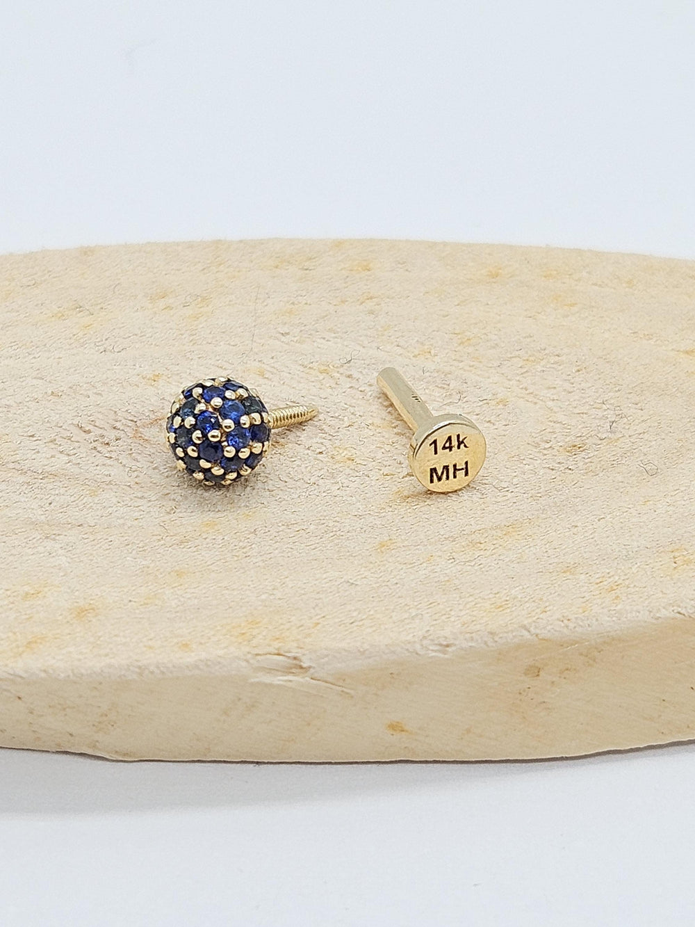 Ball Labret Sapphires Earring 14k Solid Gold Conch Piercing Jewelry Helix Flat Back Stud