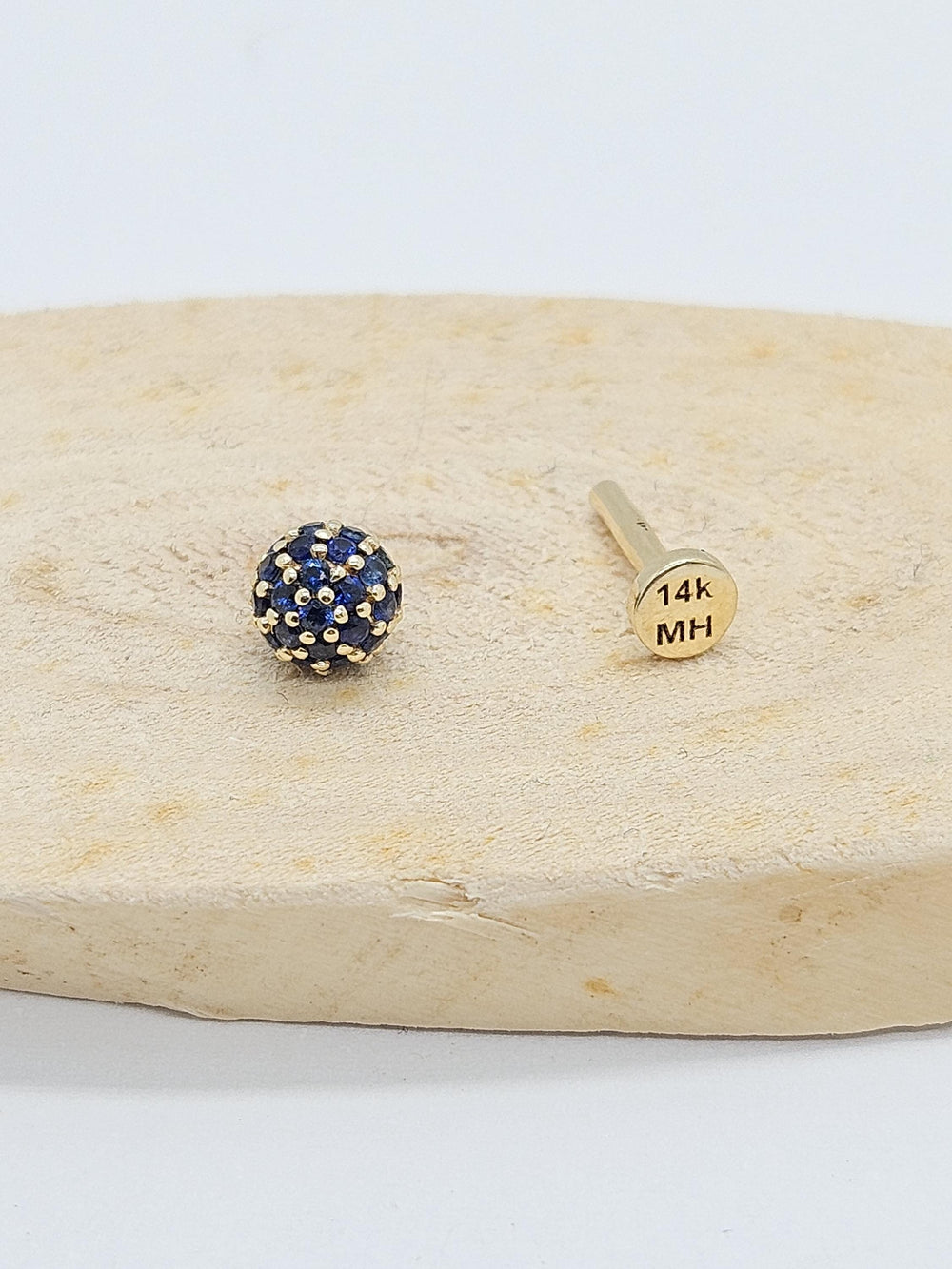 Ball Labret Sapphires Earring 14k Solid Gold Conch Piercing Jewelry Helix Flat Back Stud