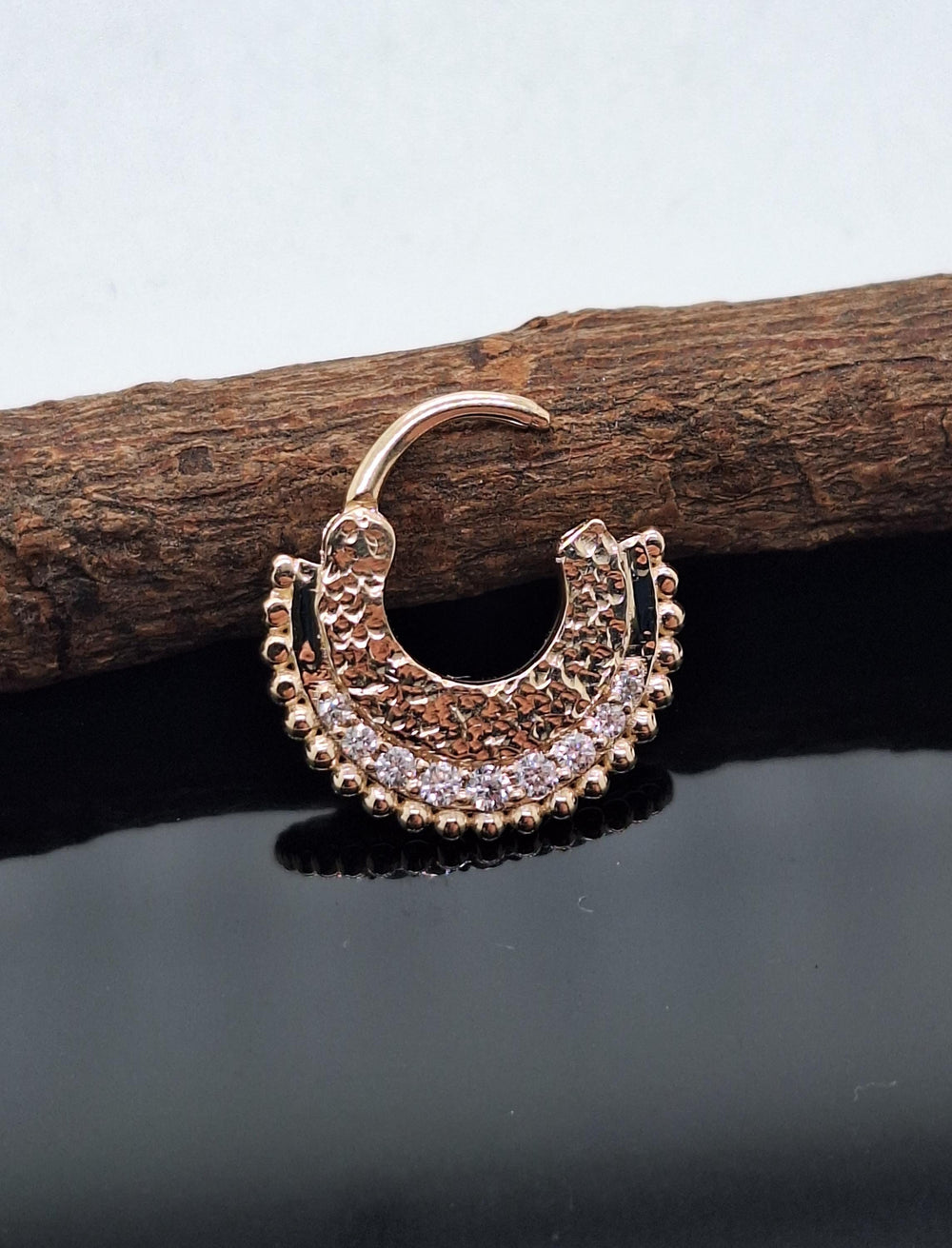 14k Hammered Textured Septum Clicker White Diamonds