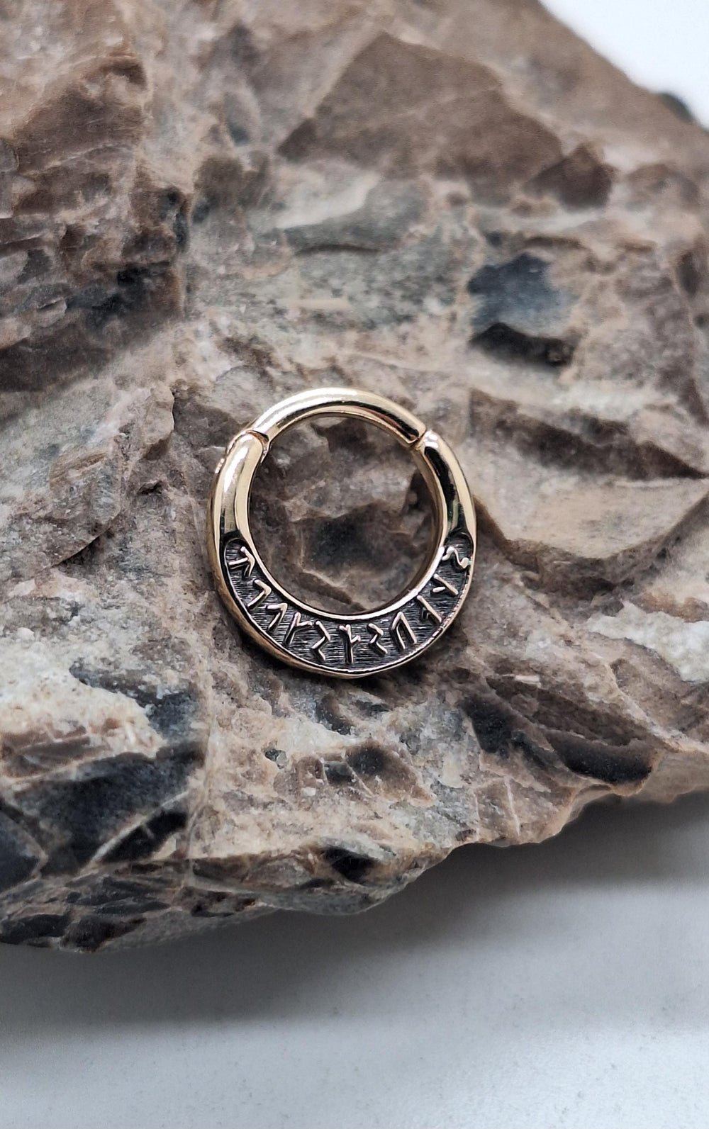 Rune Futhark Septum Clicker Hoop 14k Solid Gold “KRAFTHUGR” Engraving Strength of Spirit