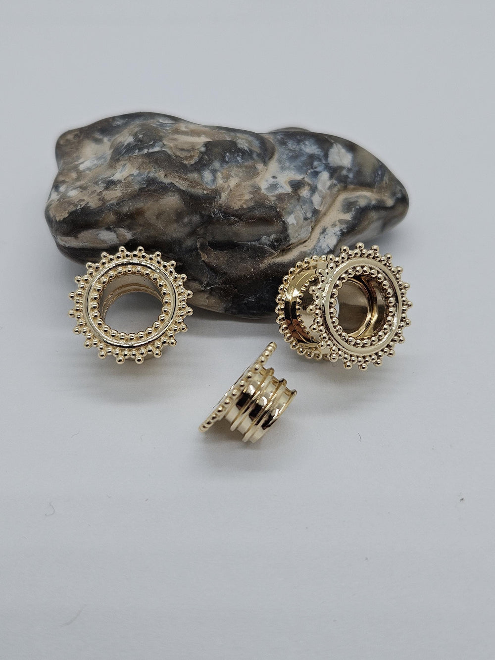 14K Gold Ear Tunnels Ear Plugs Beaded Edge Unisex Gauges Stretched Ears