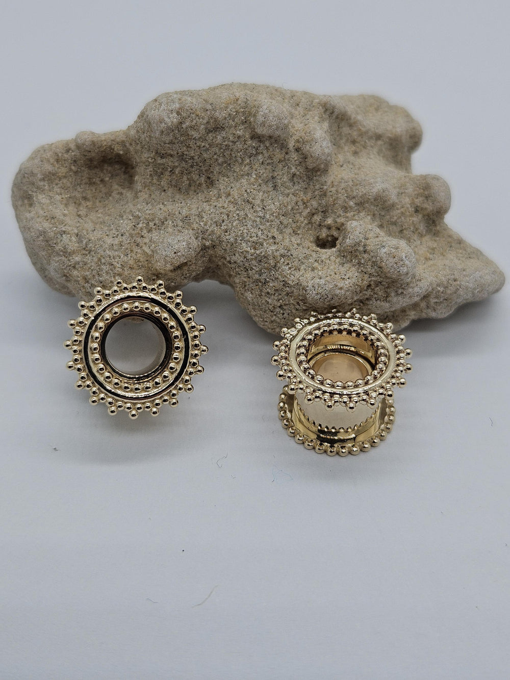14K Gold Ear Tunnels Ear Plugs Beaded Edge Unisex Gauges Stretched Ears