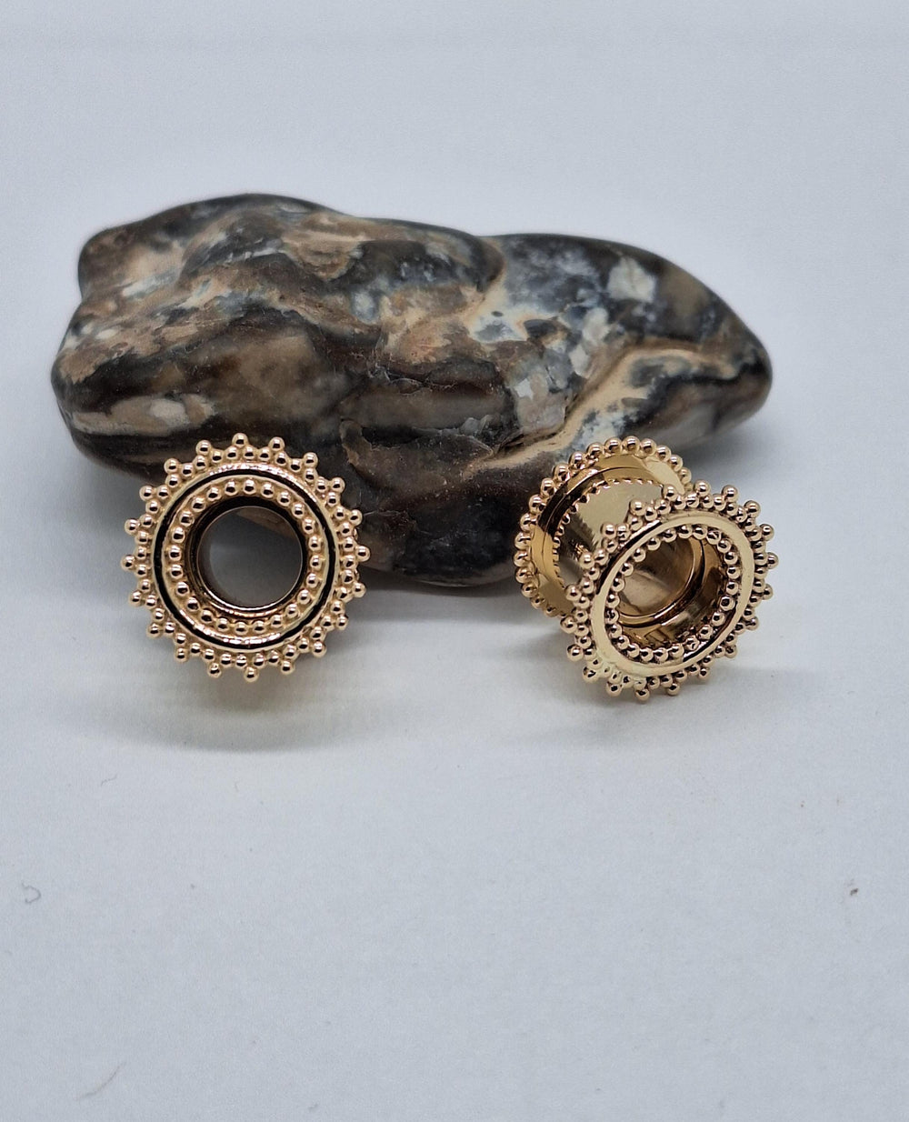 14K Gold Ear Tunnels Ear Plugs Beaded Edge Unisex Gauges Stretched Ears