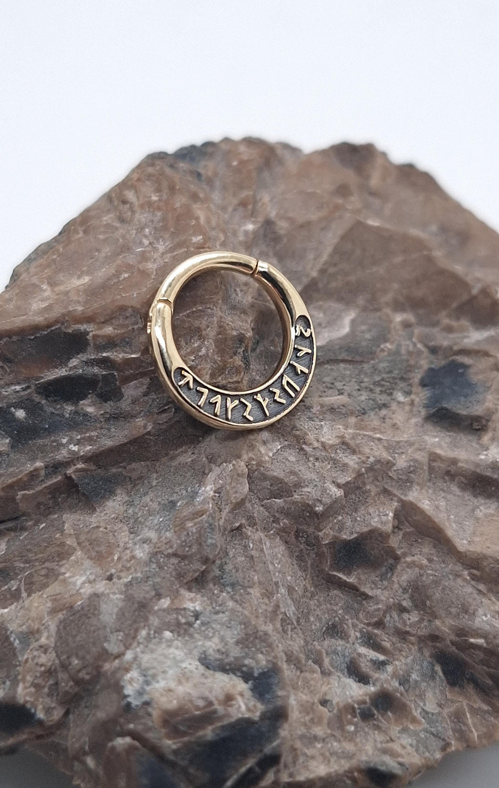 Rune Futhark Septum Clicker Hoop 14k Solid Gold “KRAFTHUGR” Engraving Strength of Spirit