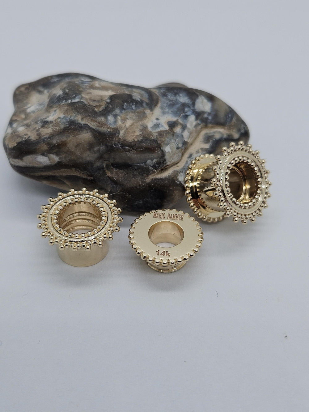 14K Gold Ear Tunnels Ear Plugs Beaded Edge Unisex Gauges Stretched Ears